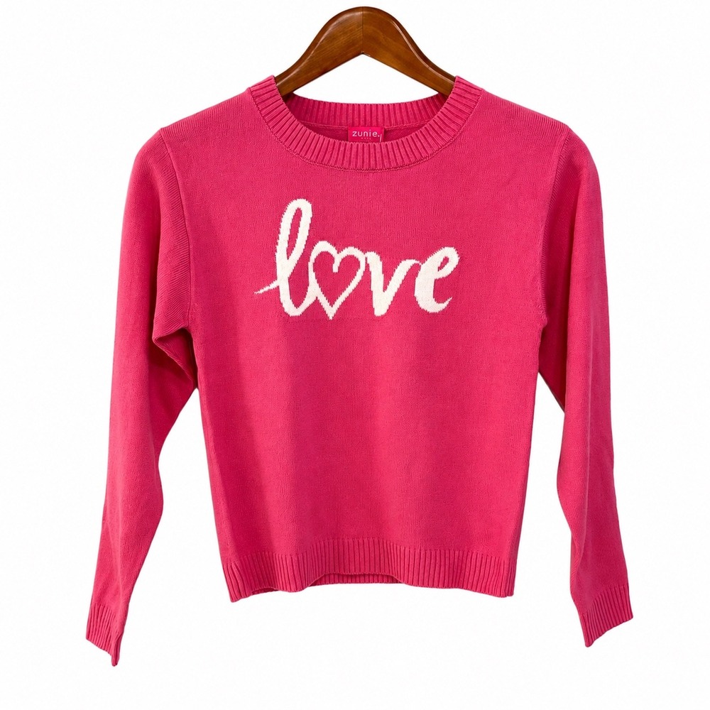 Zunie Girl Pink Love Heart Graphic Knit Sweater Kids Size L 10/12 NT7429S5Z